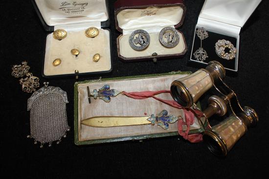 Small group of miscellaneous items including silver cigarette case and a pair of opera glasses